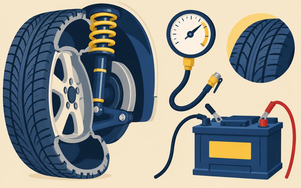 Ilustração da aula Pneus, suspensão, direção e sistema elétrico